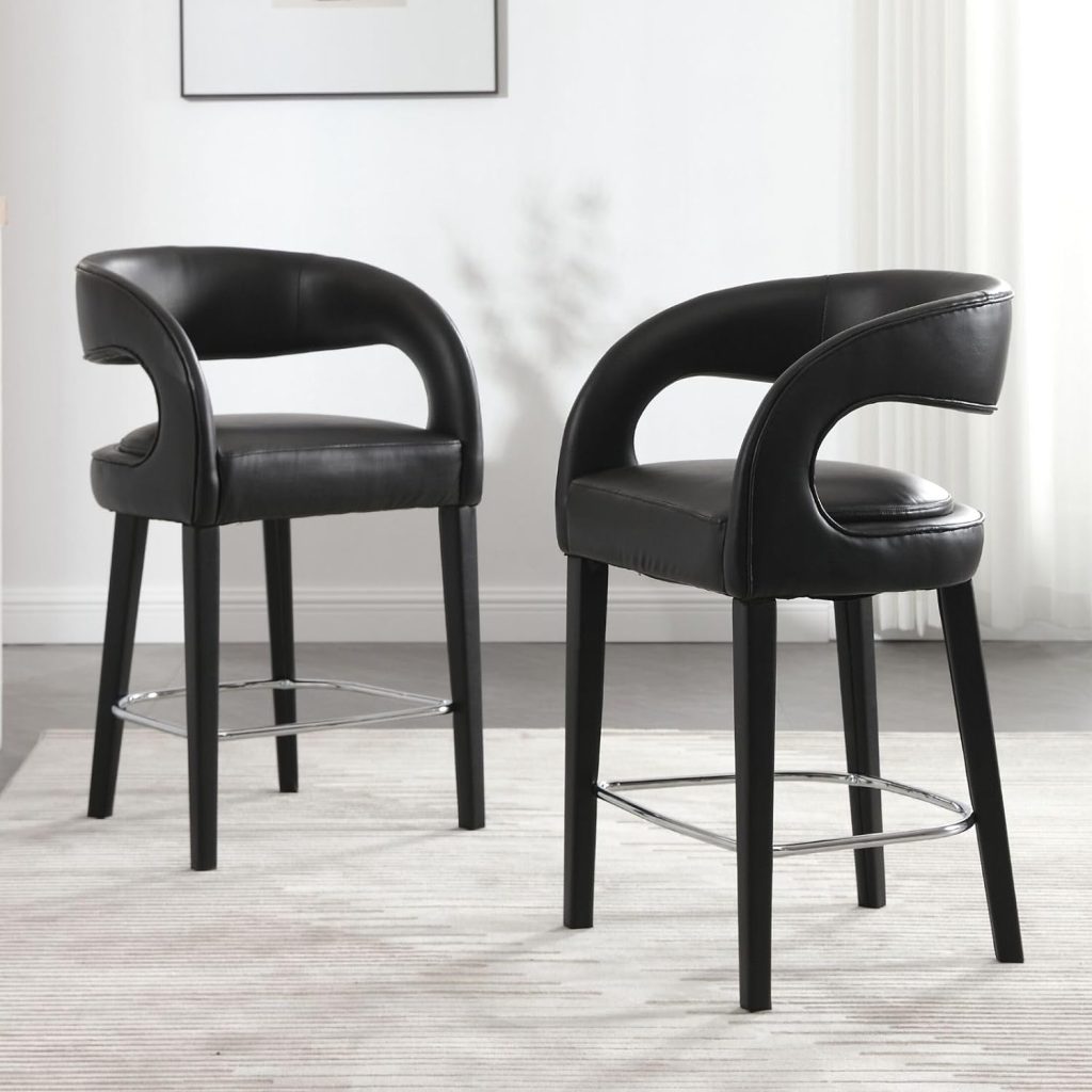 ROCITY Black Leather Counter Stools Set of 2 Modern Barrel Counter Height Chairs