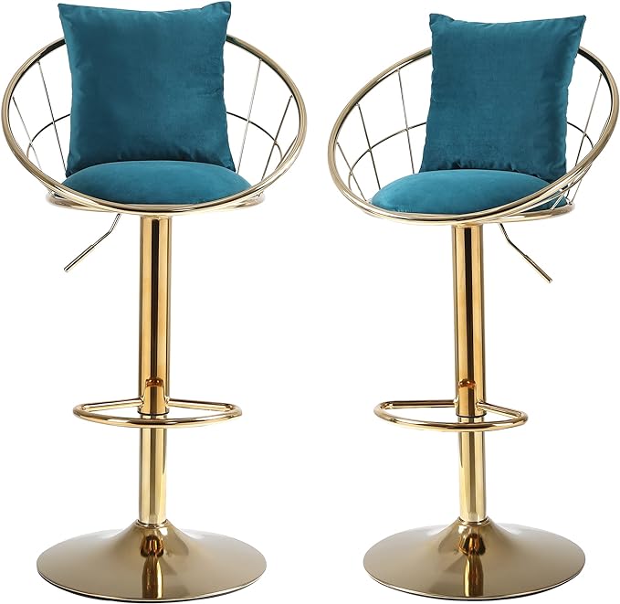 Adjustable Gold Counter Height bar Stools Peacock Blue
