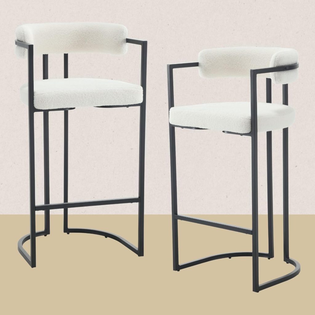 Modern Barrel Barstools with Black Footrest Upholstered High Bar Chairs